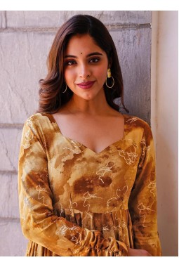 Mustard Rayon Digital Printed Anarkali Full Flared Gown