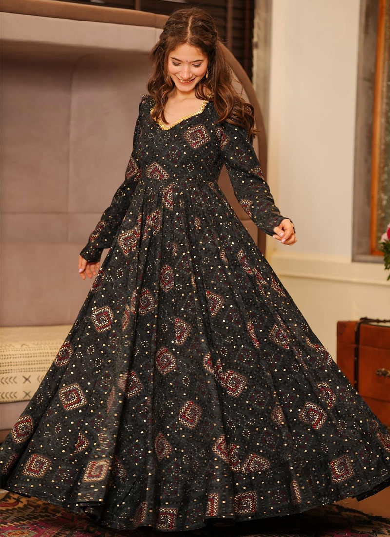 Black Rayon Digital Printed Anarkali Full Flared Gown