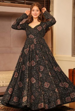 Black Rayon Digital Printed Anarkali Full Flared Gown