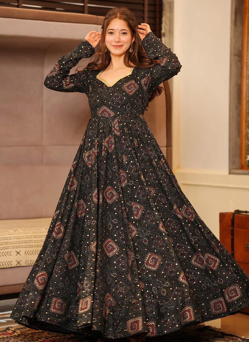 Black Rayon Digital Printed Anarkali Full Flared Gown