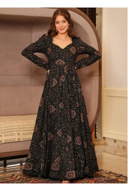 Black Rayon Digital Printed Anarkali Full Flared Gown