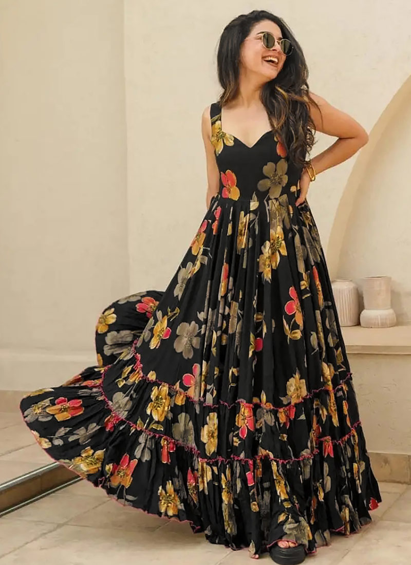 Black Rayon Digital Printed Anarkali Gown