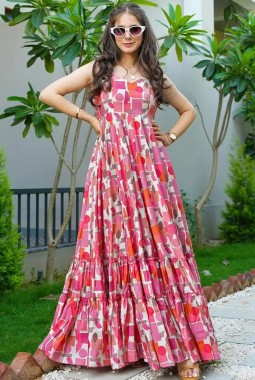 Baby Pink Rayon Digital Printed Anarkali Gown