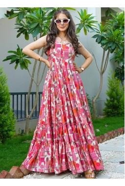Baby Pink Rayon Digital Printed Anarkali Gown