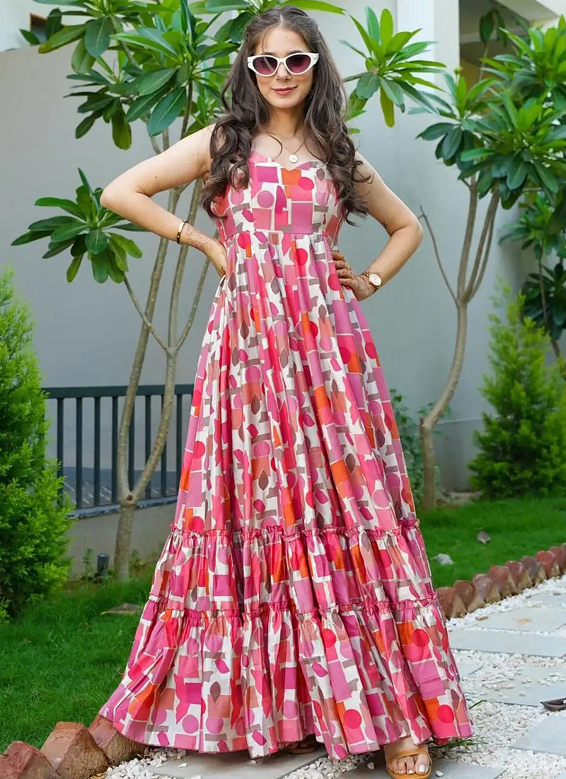 Baby Pink Rayon Digital Printed Anarkali Gown