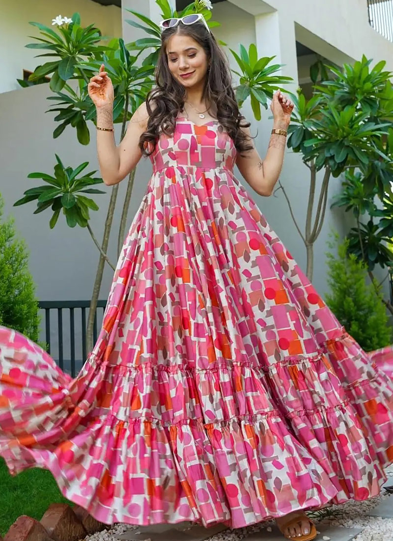 Baby Pink Rayon Digital Printed Anarkali Gown