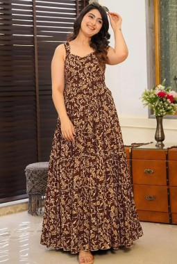 Brown Rayon Digital Printed Anarkali Gown