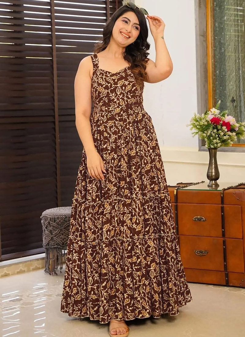 Brown Rayon Digital Printed Anarkali Gown