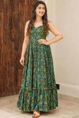Green Rayon Digital Printed Anarkali Gown