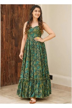 Green Rayon Digital Printed Anarkali Gown