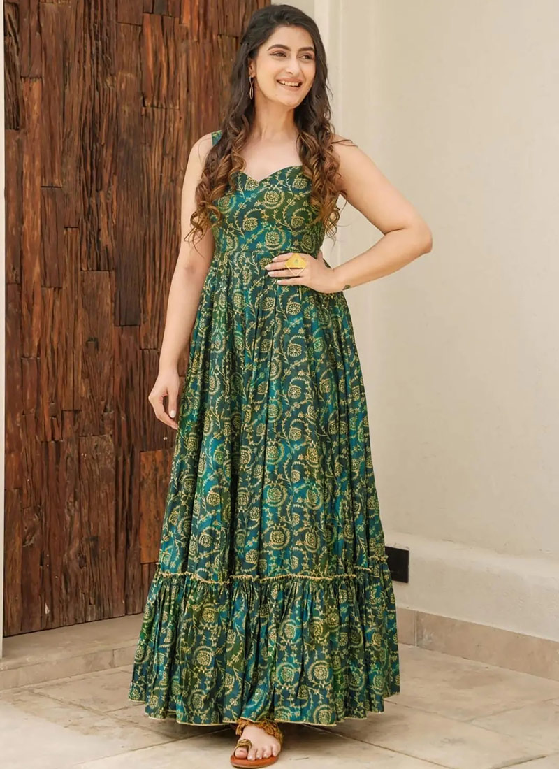 Green Rayon Digital Printed Anarkali Gown