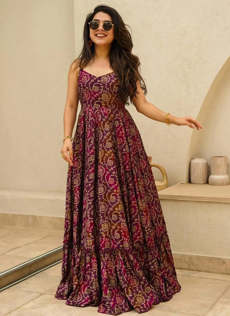 Purple Rayon Digital Printed Anarkali Gown