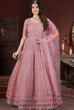 Peach Net Embroidered Designer Gown