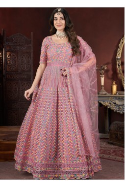 Peach Net Embroidered Designer Gown