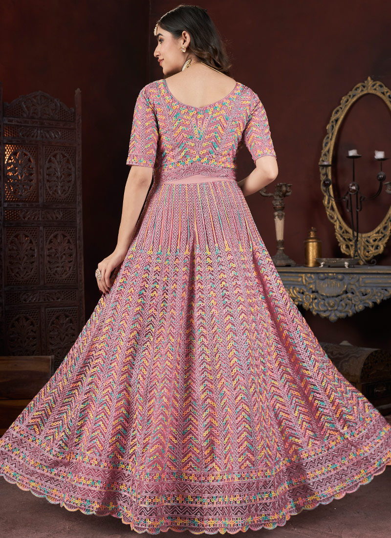 Peach Net Embroidered Designer Gown