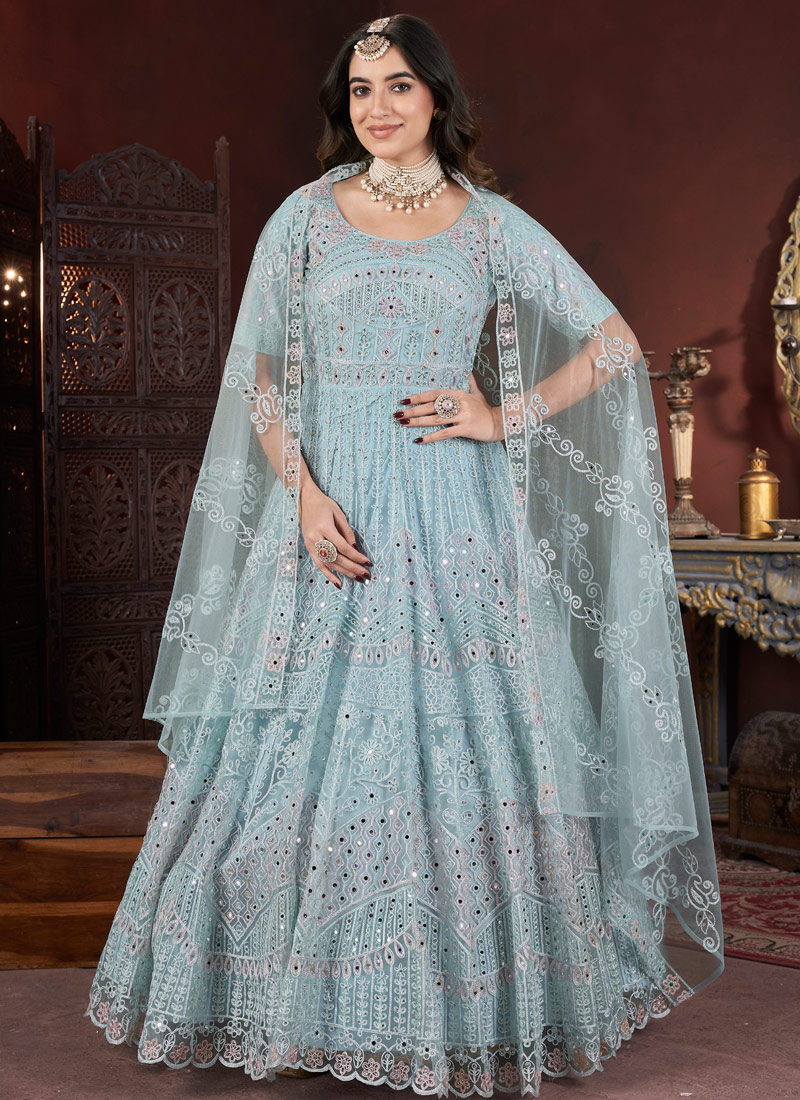 Sky Net Thread Embroidered Designer Gown