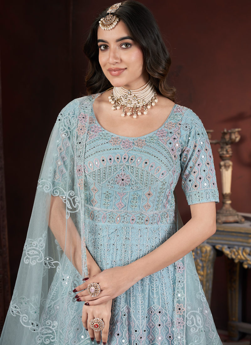 Sky Net Thread Embroidered Designer Gown