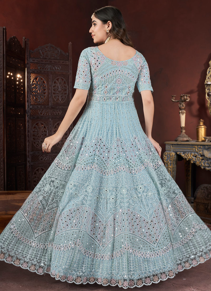 Sky Net Thread Embroidered Designer Gown