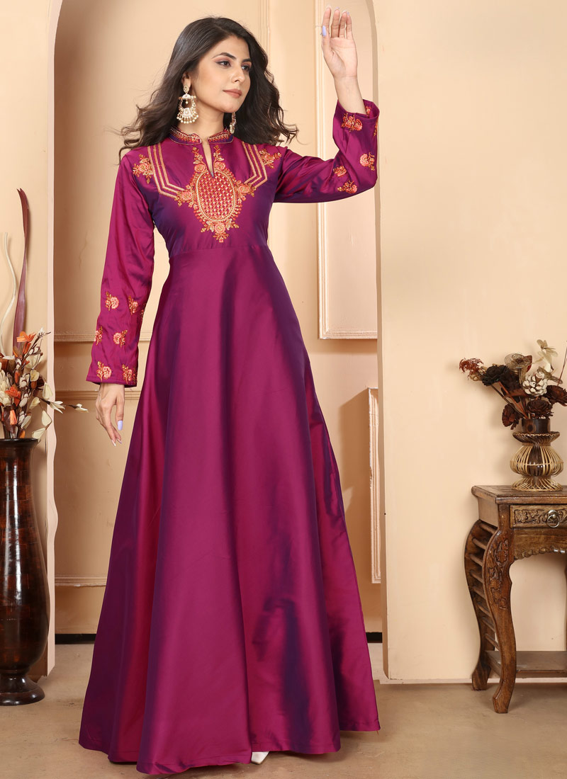 Maroon Triva Silk Embroidered Wedding Gown