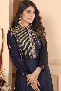 Navy Blue Triva Silk Embroidered Wedding Gown