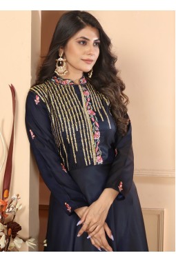 Navy Blue Triva Silk Embroidered Wedding Gown