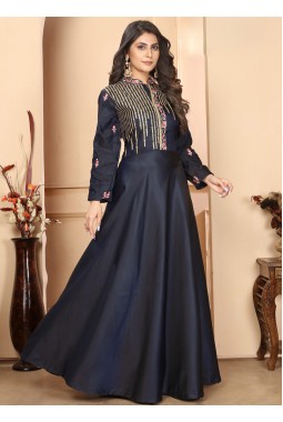 Navy Blue Triva Silk Embroidered Wedding Gown