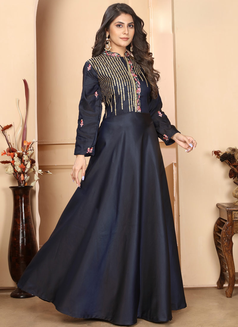 Navy Blue Triva Silk Embroidered Wedding Gown