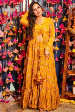 Yellow Chinon Digital Print 3 piece Koti Style Indo-Western Suit