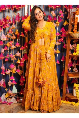 Yellow Chinon Digital Print 3 piece Koti Style Indo-Western Suit