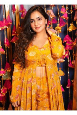 Yellow Chinon Digital Print 3 piece Koti Style Indo-Western Suit