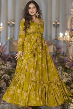 Smith Green Chinon Digital Print 3 Piece Koti Style Indo-Western Suit