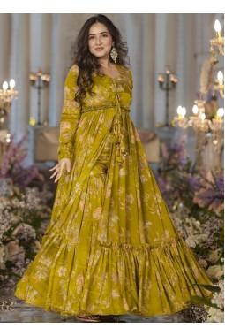 Smith Green Chinon Digital Print 3 Piece Koti Style Indo-Western Suit