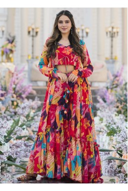 Multicolor Chinon Digital Print 3 Piece Koti Style Indo-Western Suit