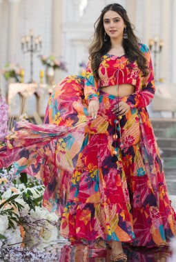 Multicolor Chinon Digital Print 3 Piece Koti Style Indo-Western Suit