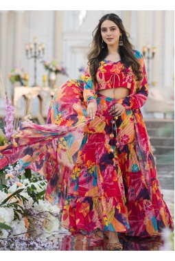 Multicolor Chinon Digital Print 3 Piece Koti Style Indo-Western Suit