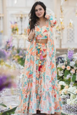 White Chinon Digital Print 3 Piece Koti Style Indo-Western Suit