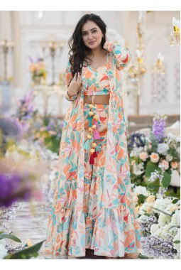 White Chinon Digital Print 3 Piece Koti Style Indo-Western Suit