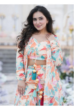 White Chinon Digital Print 3 Piece Koti Style Indo-Western Suit