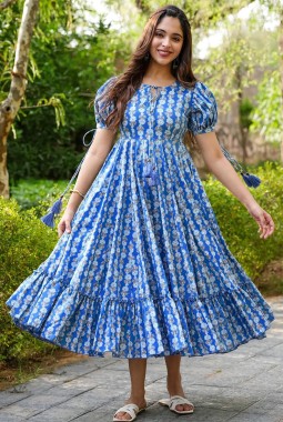 Blue Rayon Digital Print Western Wear Dress