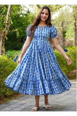 Blue Rayon Digital Print Western Wear Dress