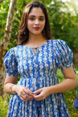 Blue Rayon Digital Print Western Wear Dress