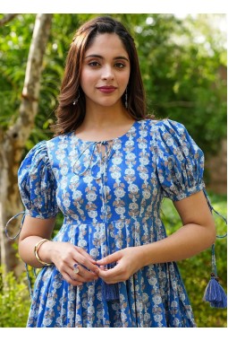 Blue Rayon Digital Print Western Wear Dress