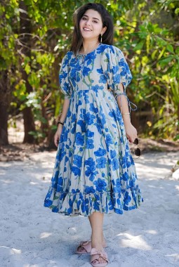 Blue Rayon Digital Print  Western Wear Dress