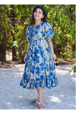 Blue Rayon Digital Print  Western Wear Dress