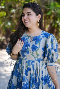 Blue Rayon Digital Print  Western Wear Dress