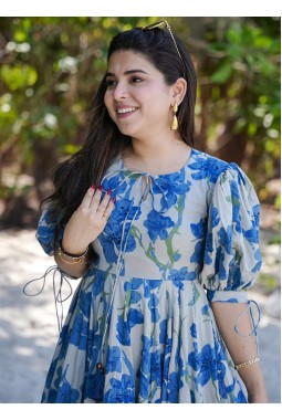 Blue Rayon Digital Print  Western Wear Dress