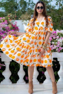 Off-White Rayon Digital Print Western Wear Dress