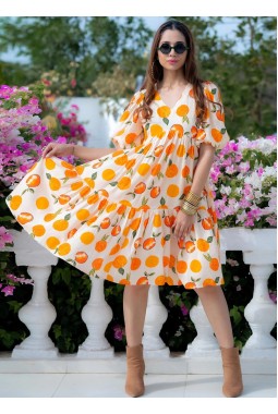 Off-White Rayon Digital Print Western Wear Dress