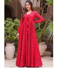 Cherry Pink Faux Georgette Digital Print 3 Piece Koti Style Indo Western Suit