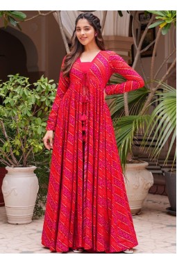 Cherry Pink Faux Georgette Digital Print 3 Piece Koti Style Indo Western Suit